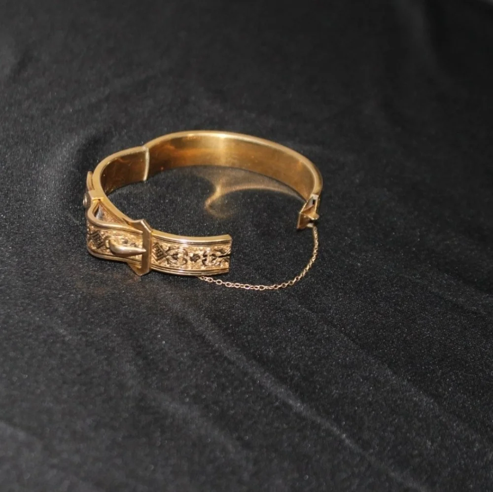 Antique Victorian 10K Gold Filled Enamel Taille D'Epargne Buckle Bangle Bracelet - Picture 7 of 8